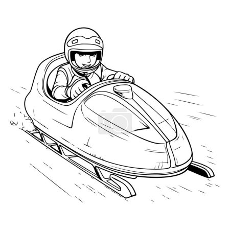 Illustration for Vector illustration of a black and white sketch of a man riding a snowmobile - Royalty Free Image
