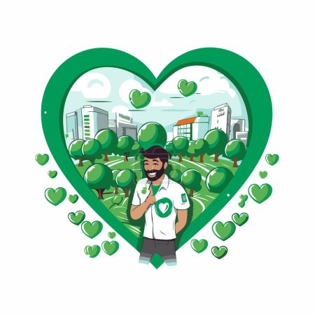 Illustration for Man in green heart shape. Vector illustration for your graphic design. - Royalty Free Image