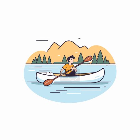 Téléchargez les illustrations : Un homme pagayant en kayak sur la rivière. Illustration vectorielle de style plat. - en licence libre de droit