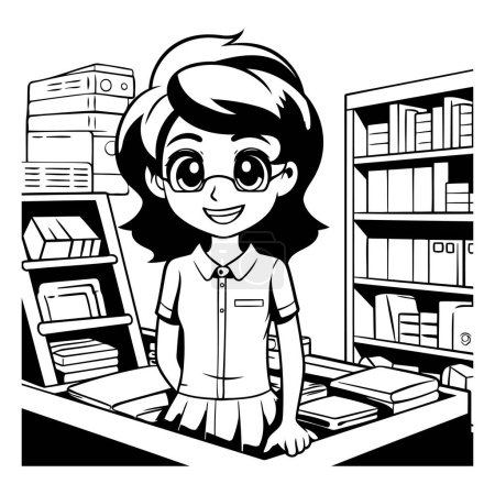 Téléchargez les illustrations : Une fille avec des lunettes à la bibliothèque. illustration vectorielle noir et blanc. - en licence libre de droit