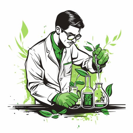 Illustration for Vector illustration of a scientist in a lab coat and glasses working with plants. - Royalty Free Image