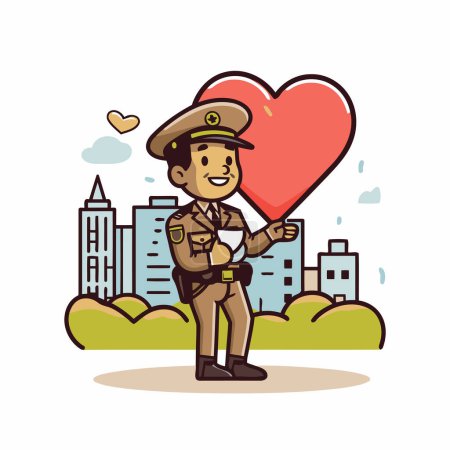 Illustration for Policeman with heart in the city. cartoon vector illustration. - Royalty Free Image