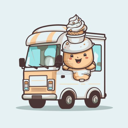 Téléchargez les illustrations : Mignon personnage de camion de crème glacée illustration vectorielle de dessin animé. Camion de crème glacée. - en licence libre de droit