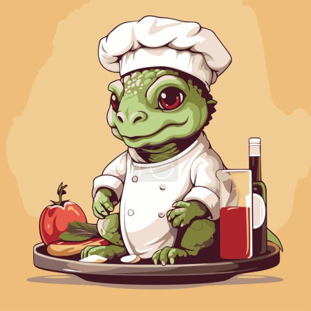 Ilustración de Chef de cocodrilo divertido con verduras y salsa. Ilustración vectorial. - Imagen libre de derechos