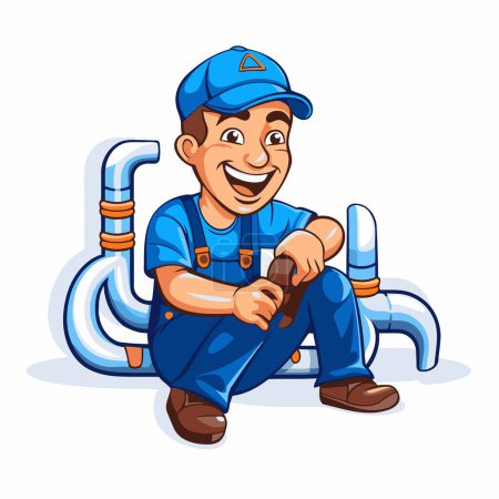 Illustration for Plumber sitting on pipe and holding a wrench. Vector illustration. - Royalty Free Image