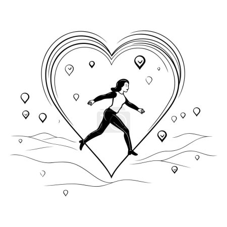 Illustration for Running woman in a heart shape. Black and white vector illustration. - Royalty Free Image