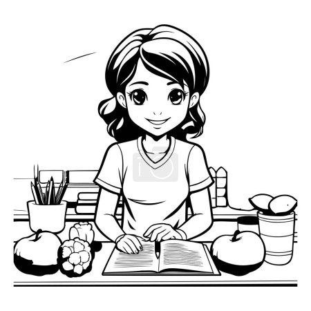Téléchargez les illustrations : Dessin animé noir et blanc Illustration d'une fille lisant un livre dans la cuisine - en licence libre de droit