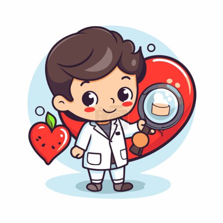 Cute boy doctor holding magnifying glass and food. Vector illustration.