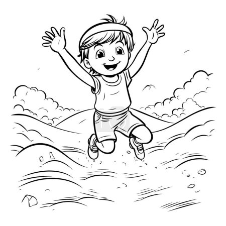 Téléchargez les illustrations : Un garçon qui saute dans l'eau. Illustration vectorielle noir et blanc pour livre à colorier - en licence libre de droit