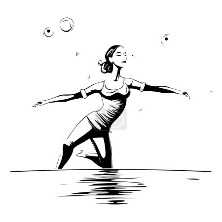 Téléchargez les illustrations : Illustration vectorielle d'une femme faisant du yoga dans l'eau. Dessin à la main. - en licence libre de droit
