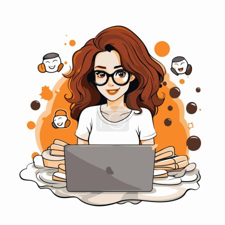 Illustration for Vector illustration of a young woman with glasses working on her laptop. - Royalty Free Image