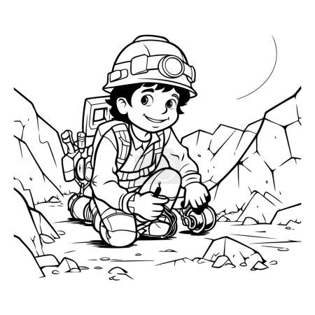 Black and white cartoon illustration of a little miner sitting on the ground.