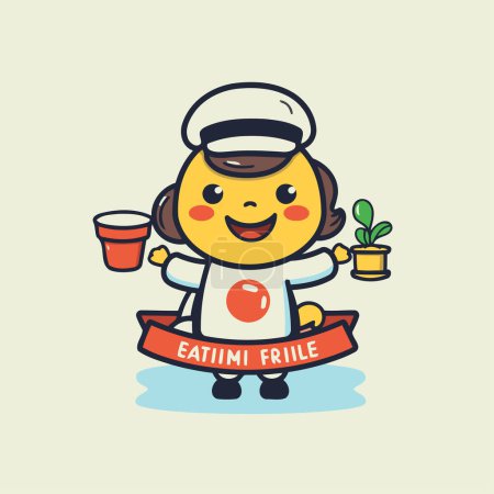 Illustration for Illustration of a cute cartoon chef holding a cup of coffee. - Royalty Free Image