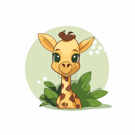 Téléchargez les illustrations : Mignon dessin animé girafe avec des fleurs et des feuilles. Illustration vectorielle. - en licence libre de droit