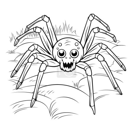 Illustration for Black and white spider on the grass. Vector illustration for coloring book. - Royalty Free Image