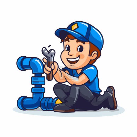 Illustration for Plumber with wrench and pipe. Vector illustration in cartoon style. - Royalty Free Image