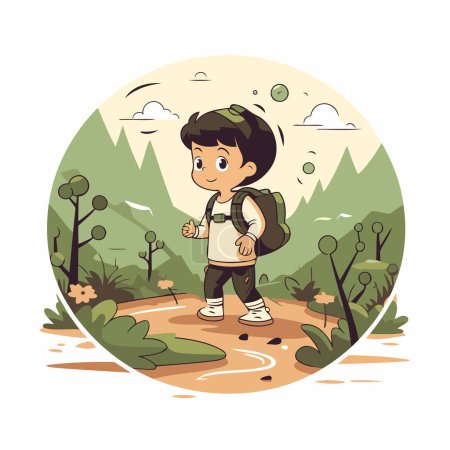 Téléchargez les illustrations : Petit garçon mignon avec sac à dos randonnée dans la nature. Illustration vectorielle. - en licence libre de droit