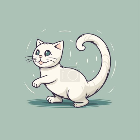 Téléchargez les illustrations : Mignon dessin animé chat blanc sur fond vert. Illustration vectorielle. - en licence libre de droit