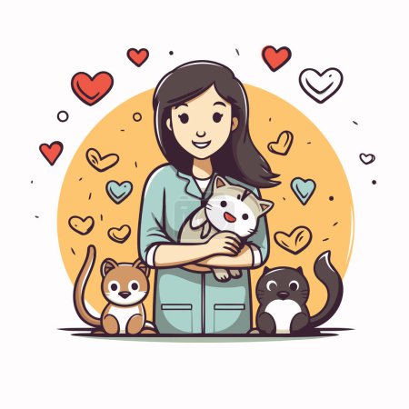 Téléchargez les illustrations : Femme tenant chat et chien dans ses bras. Illustration vectorielle dessin animé mignon. - en licence libre de droit