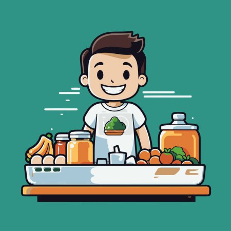 Illustration for Man choosing fruits and vegetables in supermarket. Vector flat cartoon illustration. - Royalty Free Image