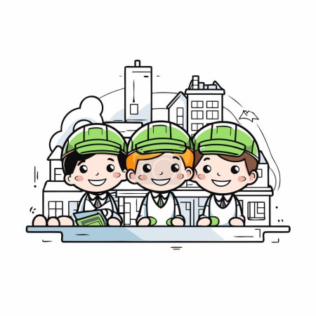 Illustration for Construction workers in front of the building. Vector illustration of workers. - Royalty Free Image