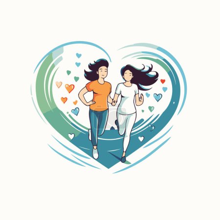Illustration for Couple running in the heart shape. Vector illustration in cartoon style. - Royalty Free Image