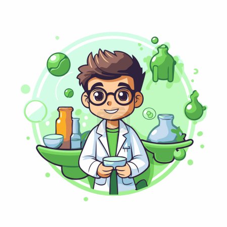 Illustration for Cartoon scientist in lab coat and glasses holding flask. Vector illustration - Royalty Free Image