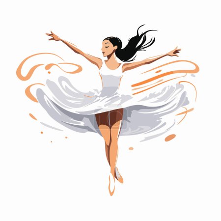 Ilustración de Ilustración vectorial de una hermosa mujer en un vestido blanco saltando en el viento. - Imagen libre de derechos