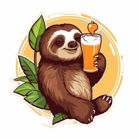 Téléchargez les illustrations : Sloth avec un verre de bière et de feuilles. Illustration vectorielle. - en licence libre de droit