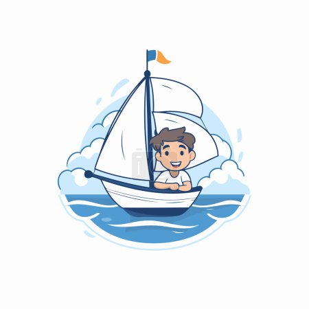 Téléchargez les illustrations : Garçon sur un voilier dans la mer. Illustration vectorielle plate. - en licence libre de droit