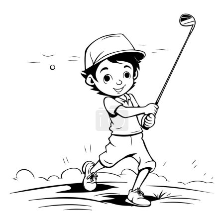 Niño jugando al golf - ilustración vectorial en blanco y negro para colorear libro