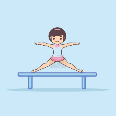 Téléchargez les illustrations : Jolie petite fille qui fait du yoga sur un rayon d'équilibre. Illustration vectorielle de bande dessinée. - en licence libre de droit