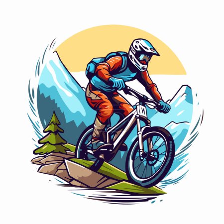 Illustration for Mountain biker riding on the piste. Vector illustration. - Royalty Free Image