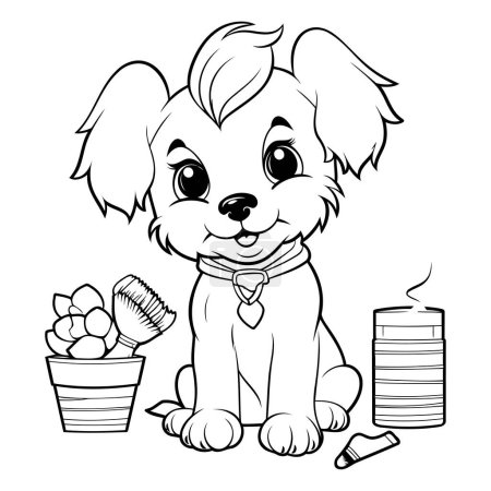 Téléchargez les illustrations : Illustration de dessin animé noir et blanc de mignon petit chien chiot personnage pour le livre à colorier - en licence libre de droit