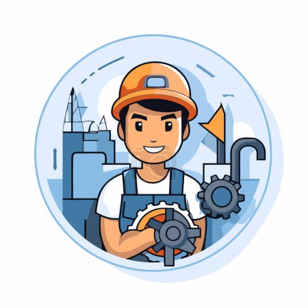 Illustration for Worker in helmet and overalls. Vector illustration in cartoon style. - Royalty Free Image
