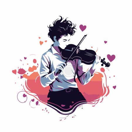 Téléchargez les illustrations : Illustration vectorielle d'un jeune homme jouant du violon sur fond de cœur. - en licence libre de droit