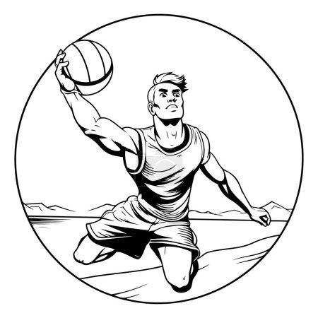 Illustration for Illustration of a basketball player jumping with ball set inside circle on isolated background done in retro style. - Royalty Free Image