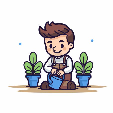 Illustration for Cute little boy watering plants. Vector illustration. Flat design. - Royalty Free Image