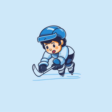 Illustration for Cute little boy playing ice hockey. Vector illustration isolated on blue background. - Royalty Free Image