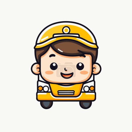 Téléchargez les illustrations : Illustration de personnage de bande dessinée vectorielle de petit garçon mignon conduisant l'autobus scolaire. - en licence libre de droit