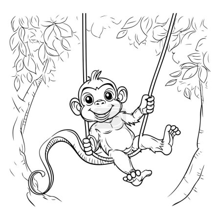 Ilustración de Mono balanceándose en un columpio. Ilustración vectorial. Libro para colorear para niños. - Imagen libre de derechos