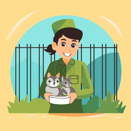 Téléchargez les illustrations : Un vétérinaire tenant un chat et un chien. Illustration vectorielle plate - en licence libre de droit