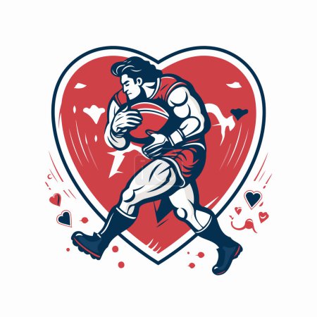 Illustration for Illustration of a rugby player running with ball viewed from front set inside heart shape done in retro style. - Royalty Free Image