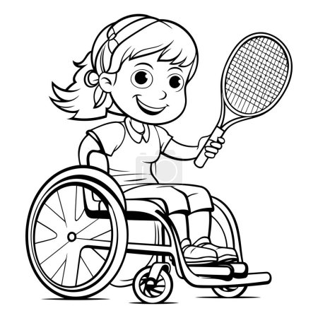 Téléchargez les illustrations : Illustration de dessin animé noir et blanc de fille jouant au tennis sur fauteuil roulant pour livre à colorier - en licence libre de droit