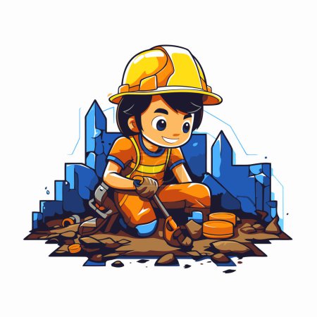 Ilustración de Caricatura niño trabajador de la construcción con una pala y casco. Ilustración vectorial. - Imagen libre de derechos