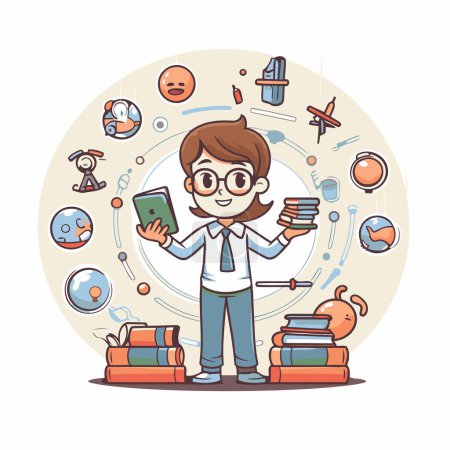 Illustration for Cartoon boy with books and globe. Education concept. Vector illustration - Royalty Free Image