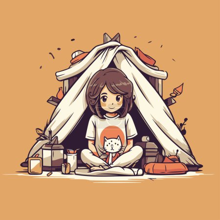 Illustration for Cute little girl playing with her cat in a tent. Vector illustration - Royalty Free Image
