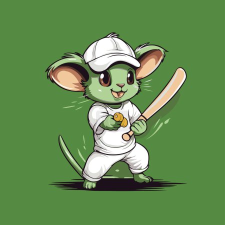 Illustration for Cute cartoon mouse baseball player with baseball bat. Vector illustration. - Royalty Free Image
