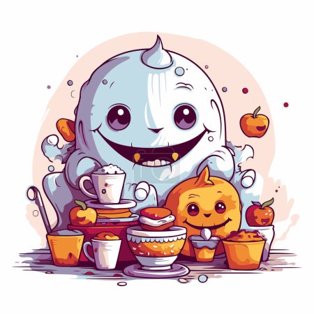 Illustration for Vector illustration of a cute cartoon ghost with a cup of coffee and cookies - Royalty Free Image