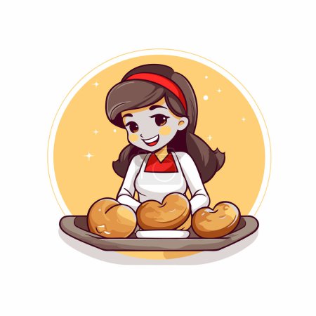 Téléchargez les illustrations : Jolie petite fille qui cuisine du pain. Illustration vectorielle dans le style dessin animé. - en licence libre de droit